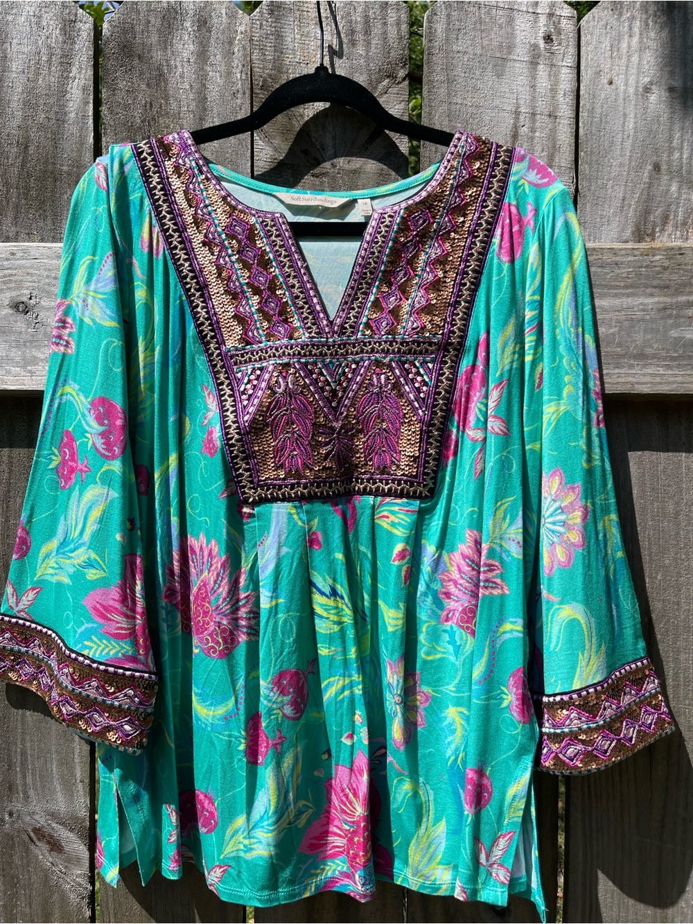 Soft Surroundings Sequined Turquoise Floral Embroidered V-Neck Blouse Sz 1X - Picture 6 of 13
